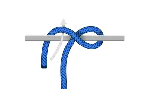Ein blauer Seilring ist um eine graue Stange gelegt, ein **Mastwurf gelegt**. Ein Pfeil zeigt die Richtung an.