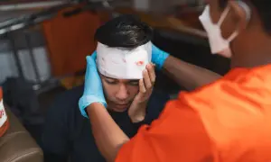 Sanitäter versorgt eine Platzwunde am Kopf eines jungen Mannes mit Verband.