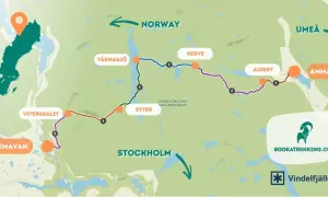 Karte zeigt verschiedene Kungsleden Etappen von Hemavan über Vitterskalet, Syter, Tärnasjö, Serve, Aigert bis Ammarnäs.