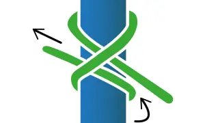 Schritt 2: Der Mastwurf Knoten wird um einen blauen Pfahl gelegt. Pfeile zeigen die Richtung des Seils.