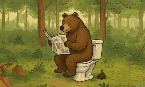 Ein Bär liest Zeitung, während er im Wald kackt.