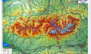 Die Karte zeigt die Hohe Tatra mit ihren Gipfeln, Seen und Städten wie Zakopane und Poprad. Sie gibt Auskunft, wo ist die Hohe Tatra.