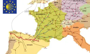 Karte zeigt Jakobswege in Europa, mit Routen durch Frankreich, Spanien, Portugal, Italien und Deutschland. Alternativen zum Jakobsweg sind hier ersichtlich.
