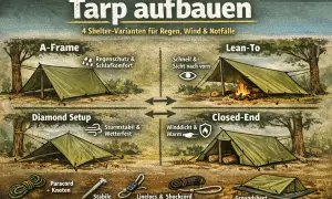 Vier Tarp aufbauvarianten: A-Frame, Lean-To, Diamond Setup, Closed-End. Zeigt verschiedene Schutzmöglichkeiten für Outdoor-Abenteuer.