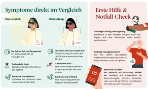 Illustrationen vergleichen Sonnenstich und Hitzschlag. Ein Sonnenstich trotz Kopfbedeckung kann zu roten Wangen führen. Erste Hilfe bei Hitze.