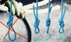 Veranschaulichung von Seilknoten: Ein falsch gebundener, durchgestrichener Knoten und drei korrekt gebundene, mit Häkchen versehene selbstsichernder knoten.