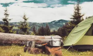 Campingausrüstung im Wald: Töpfe, Tasse und ein Zelt. Hier darf man im Wald schlafen und die Natur genießen.