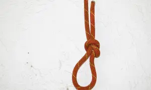 Ein orange-gelbes Seil bildet einen Knoten, der sich zuzieht, vor einer weißen, strukturierten Wand.