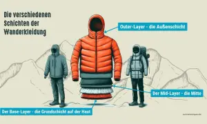 Schichten der Wanderkleidung: Base-Layer (Haut), Mid-Layer (Mitte), Outer-Layer (Außen). So ist man richtig angezogen.