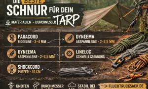 Die beste Schnur für deinen Tarp: Paracord, Dyneema & Shockcord. Outdoor Knoten, Durchmesser 2-4 mm, stabil bei Wind & Wetter.