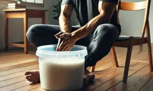 Mann übt Handkraft- und Fingerfertigkeitstraining mit einem Reiskübel.