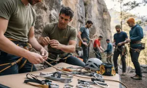 Männer bereiten sich auf offwidth climbing vor, knoten Seile und legen Kletterausrüstung aus.