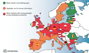 Karte zeigt Regeln für wildcampen Deutschland & Europa. Grün: erlaubt, Orange: geduldet, Rot: verboten.