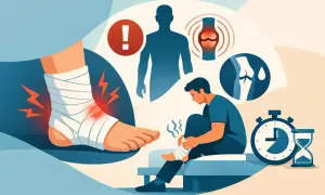 Verstauchtes Sprunggelenk mit Bandage und Schmerzsymbolen. Ein Mann sitzt und bandagiert sein Bein. Icons zeigen Gelenke und eine Uhr.