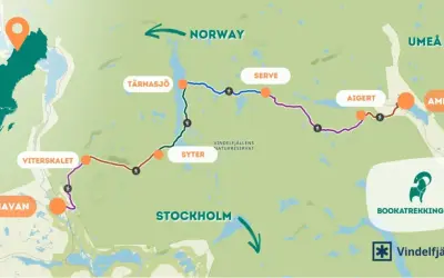 Karte zeigt verschiedene Kungsleden Etappen von Hemavan über Vitterskalet, Syter, Tärnasjö, Serve, Aigert bis Ammarnäs.