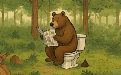 Ein Bär liest Zeitung, während er im Wald kackt.