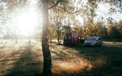 Sonnenaufgang im Herbstwald. Zwei Campervans stehen auf einer Wiese. Warum ist wildcampen verboten? Wegen des Schutzes der Natur.