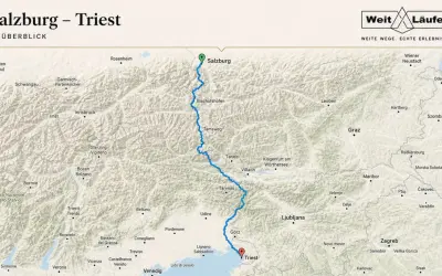 Karte zeigt die Route von Salzburg nach Triest, eine der schönsten fernwanderwege italien.