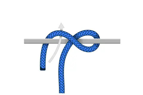 Ein blauer Seilring ist um eine graue Stange gelegt, ein **Mastwurf gelegt**. Ein Pfeil zeigt die Richtung an.