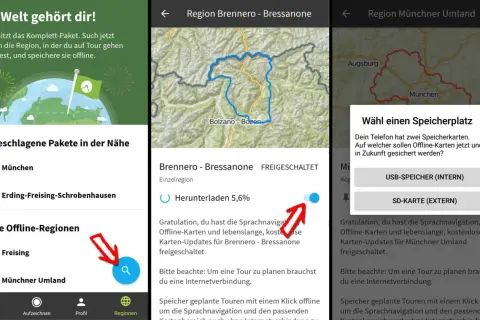 So funktioniert komoot: Karten offline speichern für Touren. Wähle Speicherort für Offline-Karten.