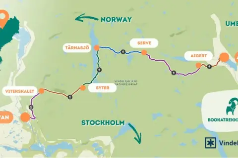 Karte zeigt verschiedene Kungsleden Etappen von Hemavan über Vitterskalet, Syter, Tärnasjö, Serve, Aigert bis Ammarnäs.