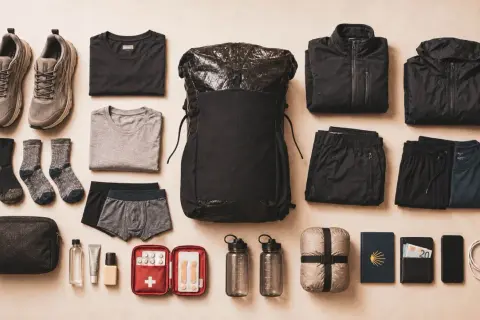 Packliste Jakobsweg: Rucksack, Wanderschuhe, Kleidung, Wasserflaschen, Erste-Hilfe-Set, Geld und Handy für die Pilgerreise.