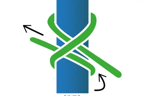 Schritt 2: Der Mastwurf Knoten wird um einen blauen Pfahl gelegt. Pfeile zeigen die Richtung des Seils.