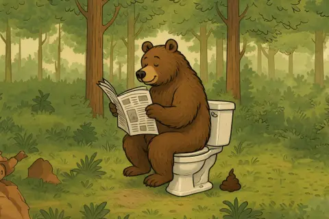 Ein Bär liest Zeitung, während er im Wald kackt.