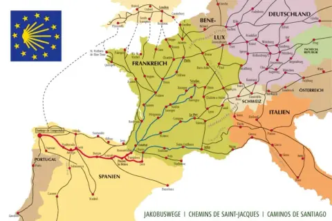 Karte zeigt Jakobswege in Europa, mit Routen durch Frankreich, Spanien, Portugal, Italien und Deutschland. Alternativen zum Jakobsweg sind hier ersichtlich.