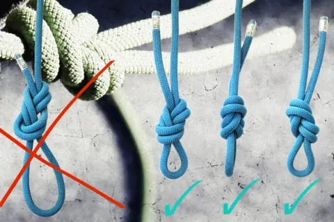 Veranschaulichung von Seilknoten: Ein falsch gebundener, durchgestrichener Knoten und drei korrekt gebundene, mit Häkchen versehene selbstsichernder knoten.