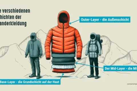 Schichten der Wanderkleidung: Base-Layer (Haut), Mid-Layer (Mitte), Outer-Layer (Außen). So ist man richtig angezogen.