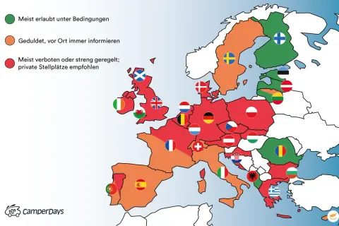 Karte zeigt Regeln für wildcampen Deutschland & Europa. Grün: erlaubt, Orange: geduldet, Rot: verboten.