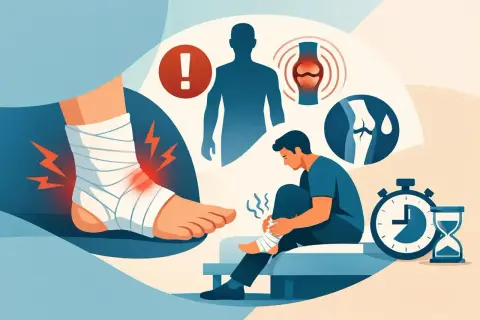 Verstauchtes Sprunggelenk mit Bandage und Schmerzsymbolen. Ein Mann sitzt und bandagiert sein Bein. Icons zeigen Gelenke und eine Uhr.