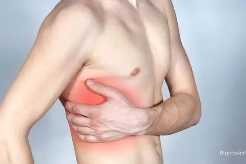 Mann hält sich schmerzhaft die Seite. Rote Markierung deutet auf eine Rippenprellung nach Sport hin.