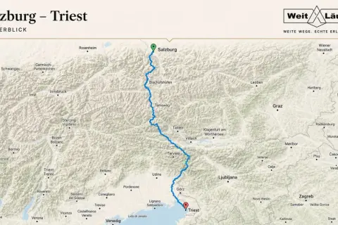 Karte zeigt die Route von Salzburg nach Triest, eine der schönsten fernwanderwege italien.