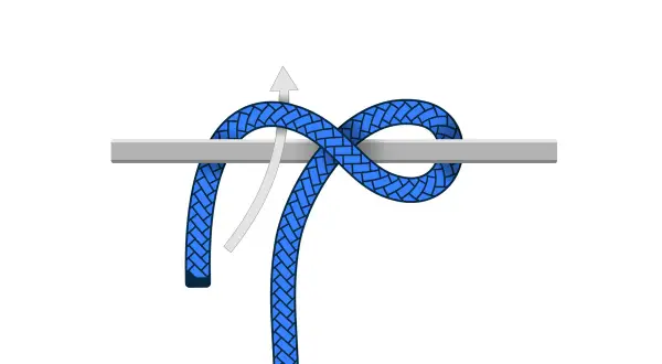 Ein blauer Seilring ist um eine graue Stange gelegt, ein **Mastwurf gelegt**. Ein Pfeil zeigt die Richtung an.