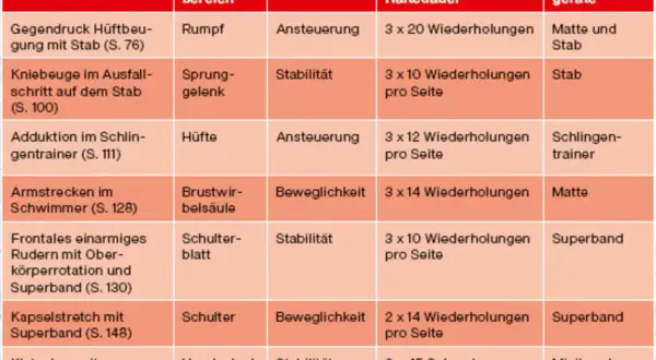 Tabelle mit Übungen für das Training, z.B. Kniebeugen, Armstrecken, Rudern. Ideal für das Klettern.