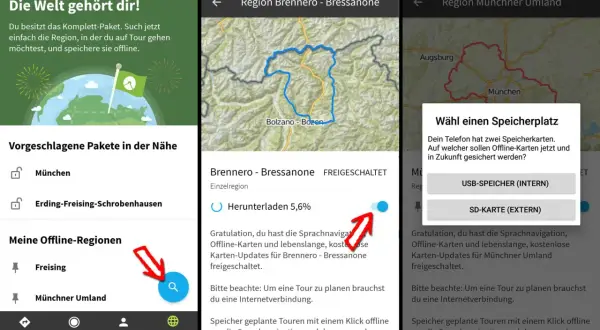 So funktioniert komoot: Karten offline speichern für Touren. Wähle Speicherort für Offline-Karten.