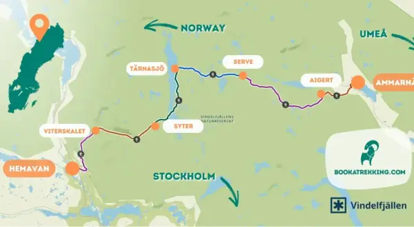 Karte zeigt verschiedene Kungsleden Etappen von Hemavan über Vitterskalet, Syter, Tärnasjö, Serve, Aigert bis Ammarnäs.