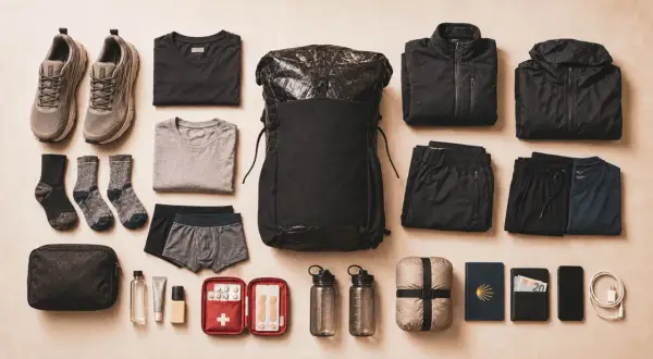Packliste Jakobsweg: Rucksack, Wanderschuhe, Kleidung, Wasserflaschen, Erste-Hilfe-Set, Geld und Handy für die Pilgerreise.