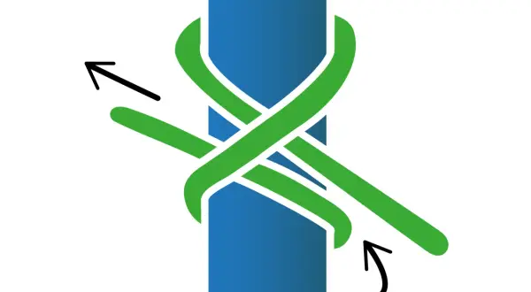 Schritt 2: Der Mastwurf Knoten wird um einen blauen Pfahl gelegt. Pfeile zeigen die Richtung des Seils.