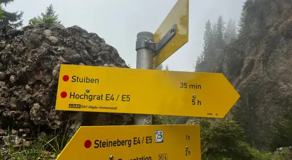 Wegweiser für eine nagelfluhkette wanderung leicht: Stuiben (35 Min.), Hochgrat (5 Std.), Steineberg (1 Std.), Mittag Bergstation (2 Std.).