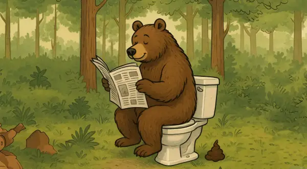 Ein Bär liest Zeitung, während er im Wald kackt.