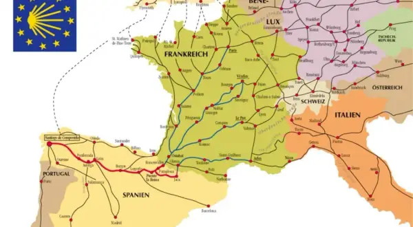Karte zeigt Jakobswege in Europa, mit Routen durch Frankreich, Spanien, Portugal, Italien und Deutschland. Alternativen zum Jakobsweg sind hier ersichtlich.