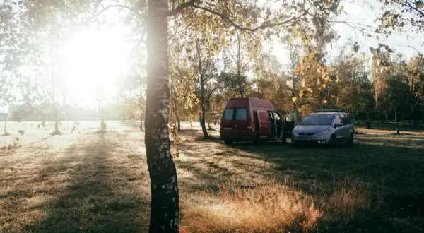 Sonnenaufgang im Herbstwald. Zwei Campervans stehen auf einer Wiese. Warum ist wildcampen verboten? Wegen des Schutzes der Natur.