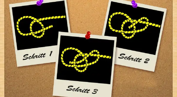 Drei Fotos auf einer Pinnwand zeigen die Schritte zum Binden eines Knotens. Ein gelbes Seil bildet eine Schlaufe, die sich in jedem Schritt verändert.