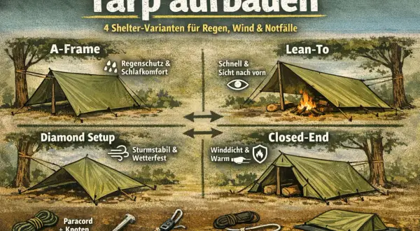 Vier Tarp aufbauvarianten: A-Frame, Lean-To, Diamond Setup, Closed-End. Zeigt verschiedene Schutzmöglichkeiten für Outdoor-Abenteuer.