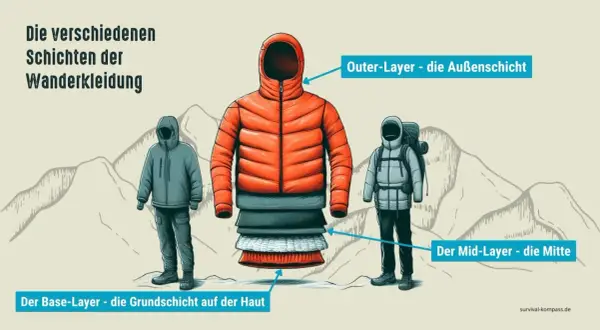 Schichten der Wanderkleidung: Base-Layer (Haut), Mid-Layer (Mitte), Outer-Layer (Außen). So ist man richtig angezogen.