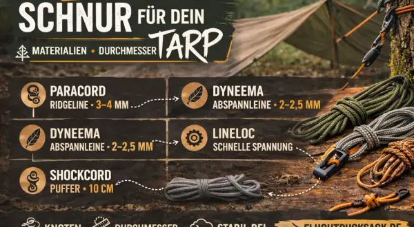 Die beste Schnur für deinen Tarp: Paracord, Dyneema & Shockcord. Outdoor Knoten, Durchmesser 2-4 mm, stabil bei Wind & Wetter.