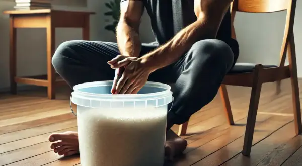 Mann übt Handkraft- und Fingerfertigkeitstraining mit einem Reiskübel.